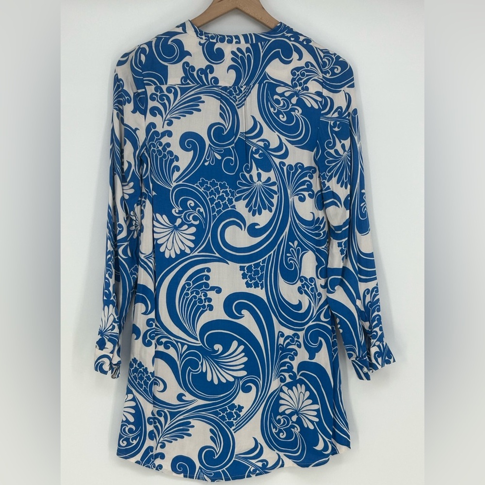 Boden Blue & White Pattern Longsleeve V-Neck Mini Dress In Women's Size 2 - Picture 2 of 9
